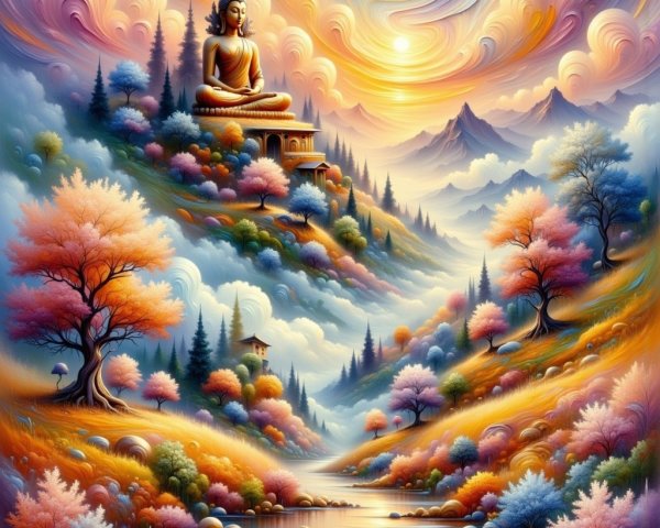 Buddha Statue in Serene Mountain Landscape with River