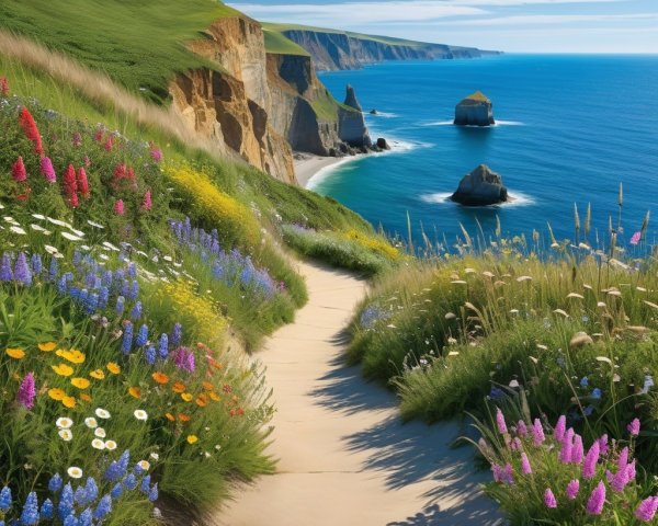 Coastal Landscape with Cliffs and Wildflower Pathway