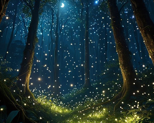 Magical Forest with Starry Night and Fireflies