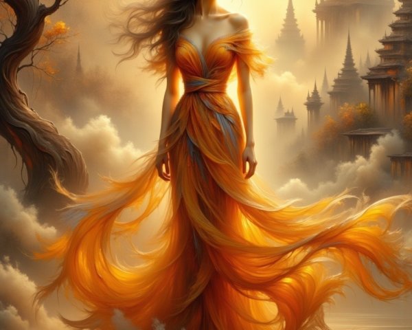 Ethereal Woman in Orange Gown Amidst Mystical Landscape