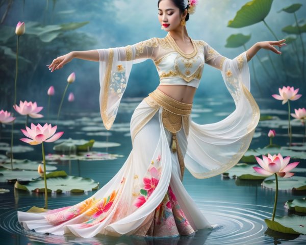 Dancer Posing in a Serene Lily Pond with Lotus Flowers