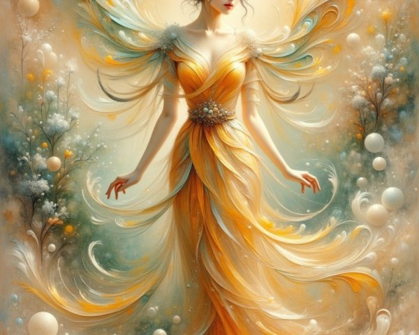 Ethereal figure in golden attire with floral elements