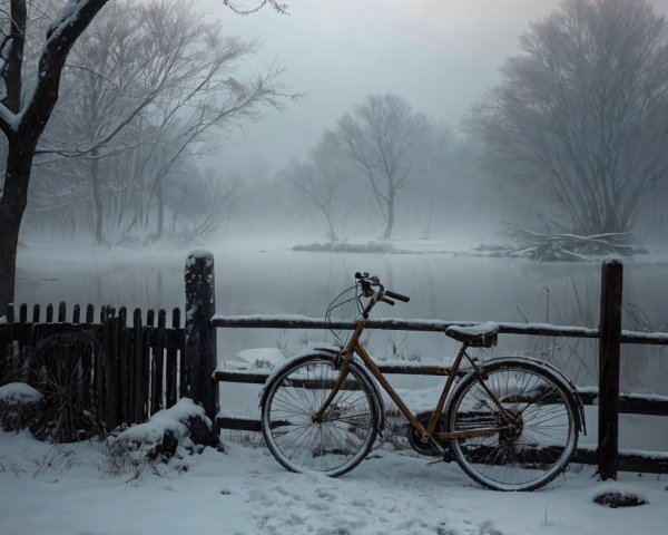 Vintage Bicycle by Rustic Fence in Winter Landscape