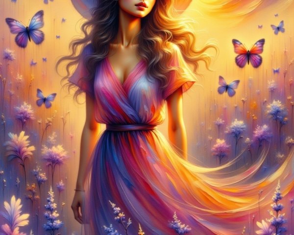 Serene Scene of a Woman in a Colorful Dress