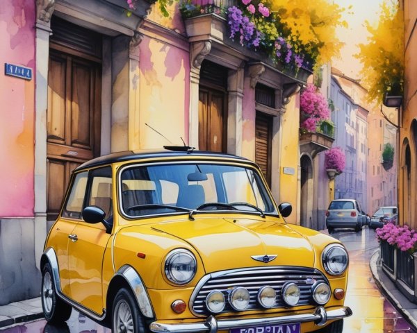 Yellow Classic Car on Cobblestone Street at Dusk