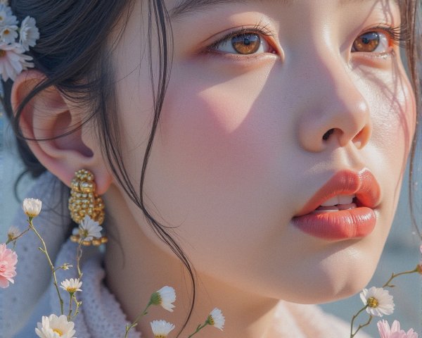 Close-up Portrait of a Young Woman with Flowers