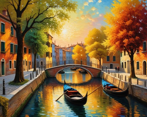 Autumn Canal Scene with Gondolas and Charming Buildings