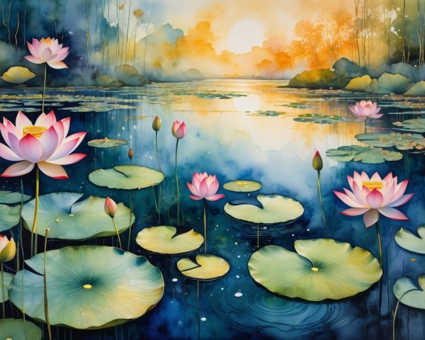 Tranquil Lake Sunrise with Lotus Flowers and Mist