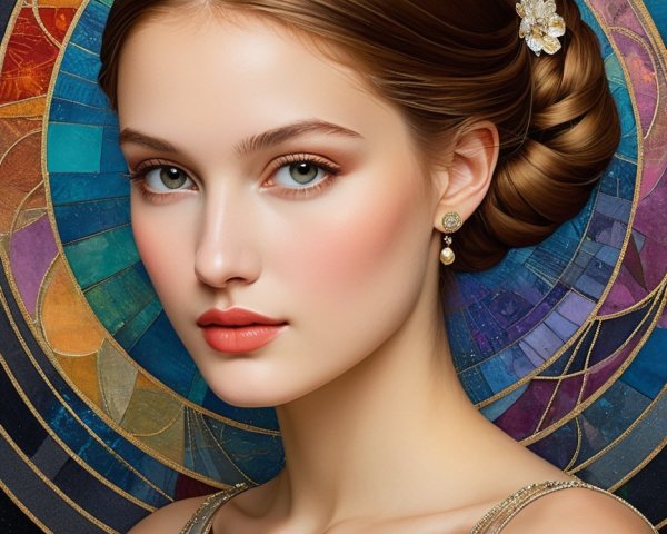 Young woman in elegant gown with decorative hairpin