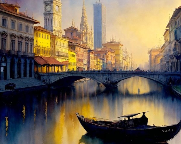 Watercolor Cityscape at Dawn with Reflection and Bridge