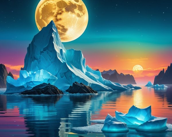 Serene Landscape with Icy Peaks and Vibrant Sunset