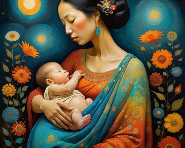 Vibrant Artwork of a Woman Holding a Sleeping Baby