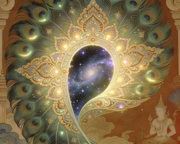 Vibrant Peacock Feather with Cosmic Galaxy Design