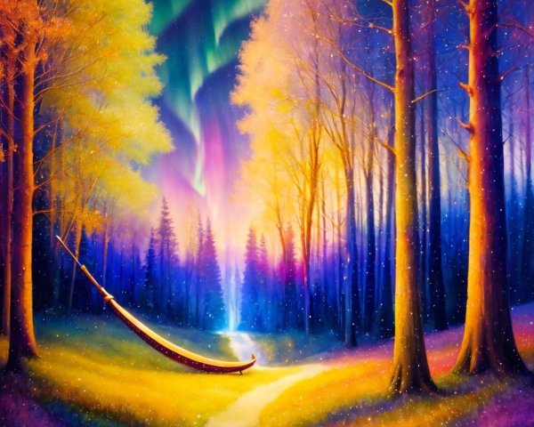 Serene forest scene with Northern Lights and hammock