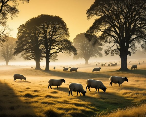 Misty Pasture with Grazing Sheep at Dawn