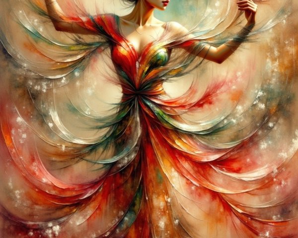 Ethereal figure in vibrant, flowing dress artwork