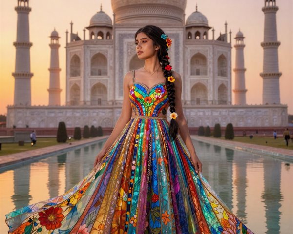 Digital painting of Indian woman by Taj Mahal at sunset