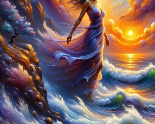 Majestic figure by churning waves at sunset