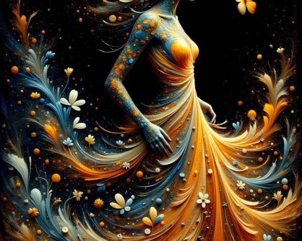 Fantastical figure with blue skin and floral patterns