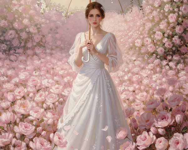 Elegant Woman in Dreamy Pink Flower Field