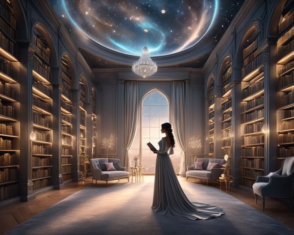 Elegant library with celestial ceiling and warm light