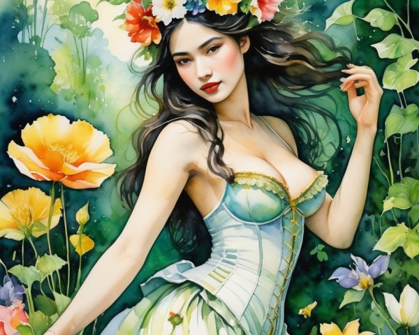 Woman in floral crown in a lush garden setting