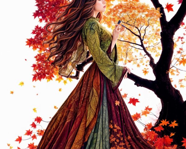 Mystical Woman in Autumn Leaves and Elegant Gown