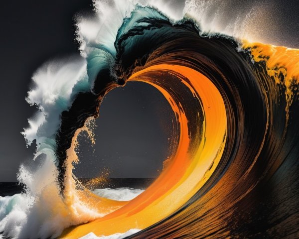 Dramatic Wave in Orange and Teal Against Dark Backdrop