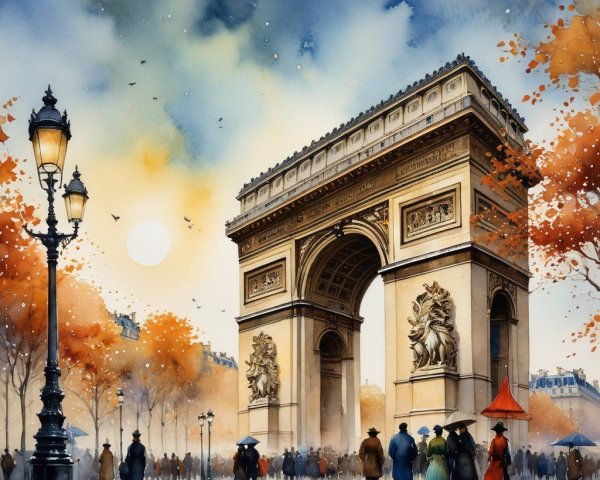 Watercolor Scene of Arc de Triomphe in Autumn