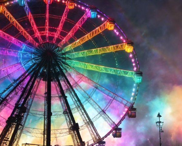 Ferris Wheel with Rainbow Lights in Cosmic Setting