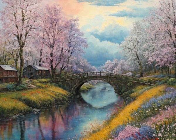 Serene River Landscape with Flowers and Cottages