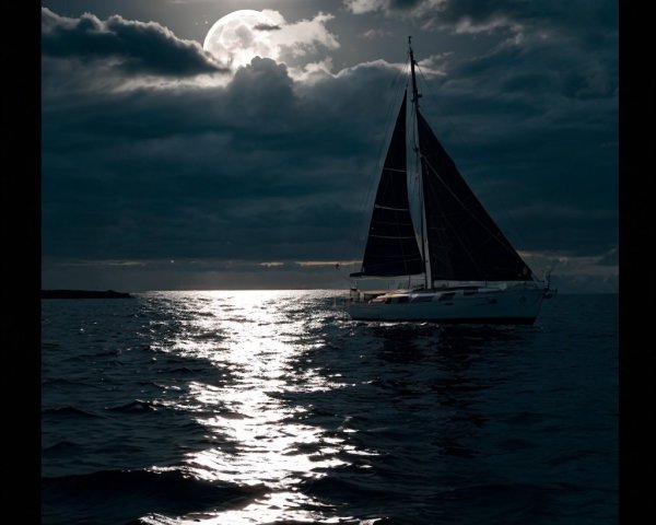 Sailboat on Ocean Under Dramatic Moonlit Sky