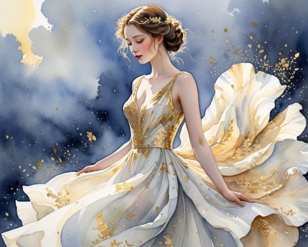 Elegant figure in flowing gown with gold accents