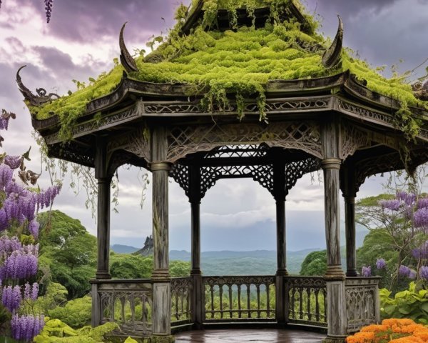 Ornate Ancient Gazebo Surrounded by Lush Greenery