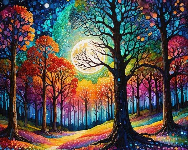 Colorful Night Forest with Glowing Moon and Stars