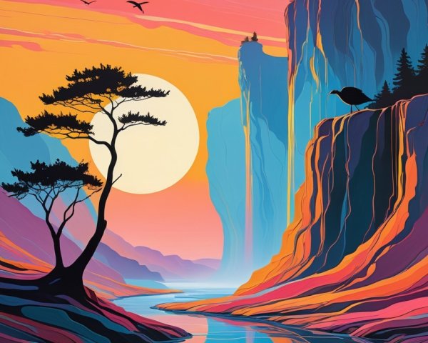 Vibrant River Scene in Scenic Canyon at Sunset