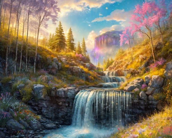 Cascading Waterfall in Lush Green Landscape