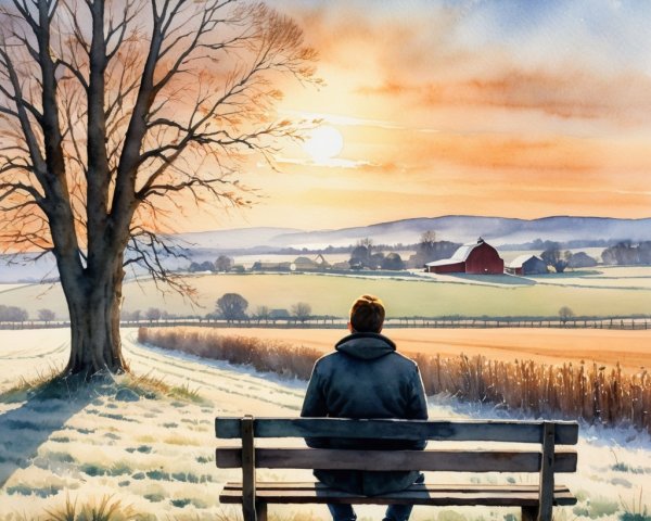 Solitary Figure at Sunset in Serene Landscape