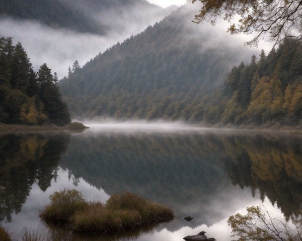 Serene lake surrounded by misty mountains and trees