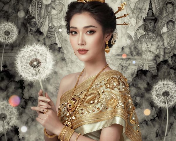 Young Thai Woman in Traditional Outfit with Dandelion