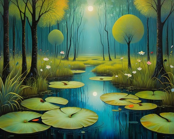 Tranquil Pond Surrounded by Lush Greenery and Flowers