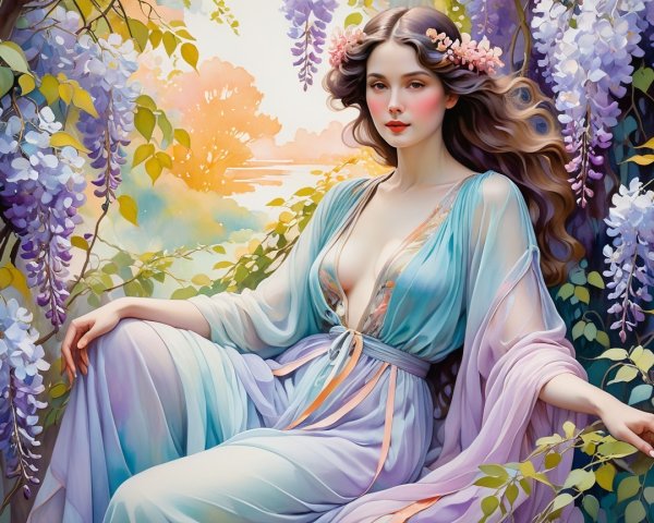 Young Woman Surrounded by Wisteria Blossoms in Sunlight