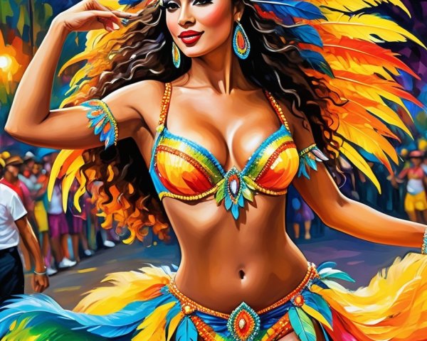 Colorful Carnival Scene with Feathered Costume and Dance
