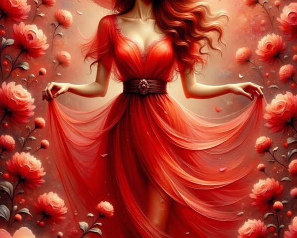 Elegant Woman in Red Dress Surrounded by Roses