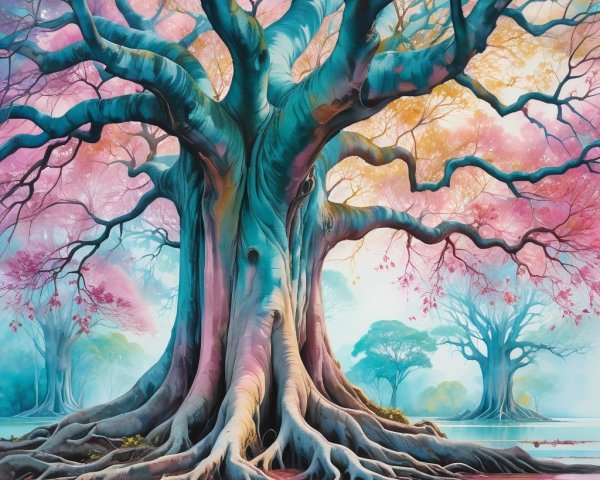 Majestic tree with colorful leaves in serene landscape