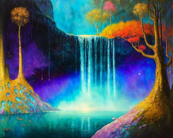 Otherworldly Waterfall in a Cosmic Landscape