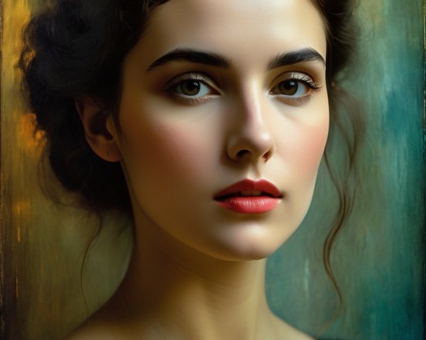 Portrait of a Woman with Flowing Dark Hair and Red Lips