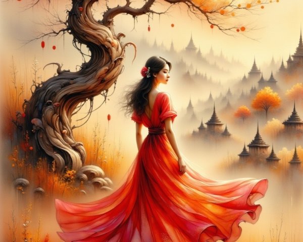 Graceful Woman by Tranquil Stream in Autumn Landscape