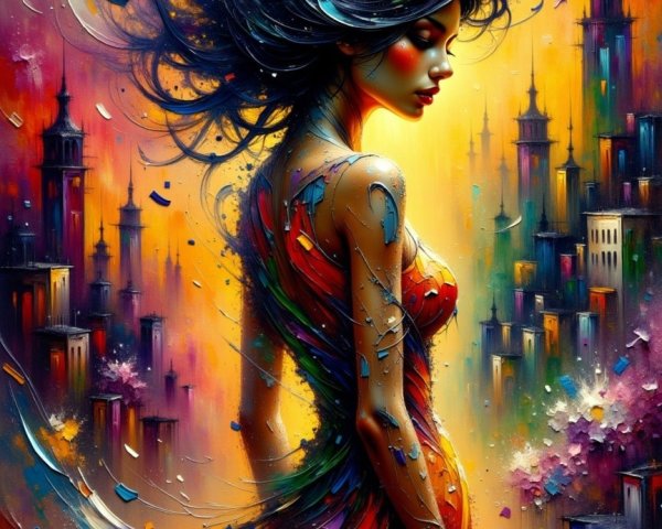 Woman in vibrant cityscape with colorful hair design
