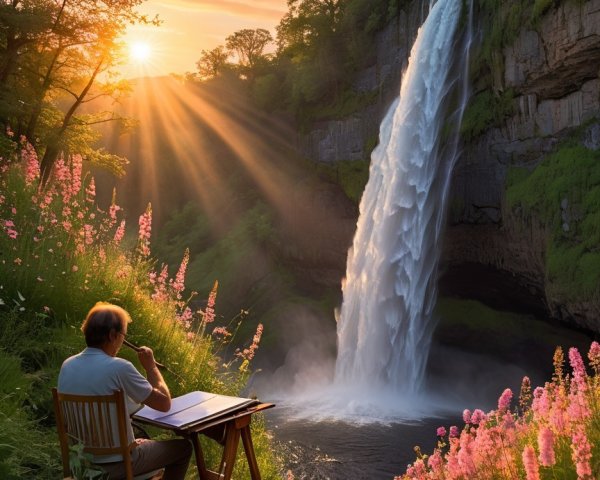 Painting by a Waterfall Surrounded by Pink Flowers
